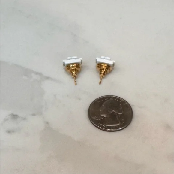 Tory Burch White Enamel Gold Logo Stud Earrings Classic Small - Picture 3 of 3